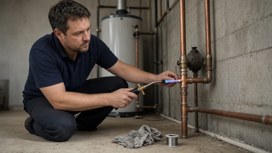 Plumber working on copper pipes